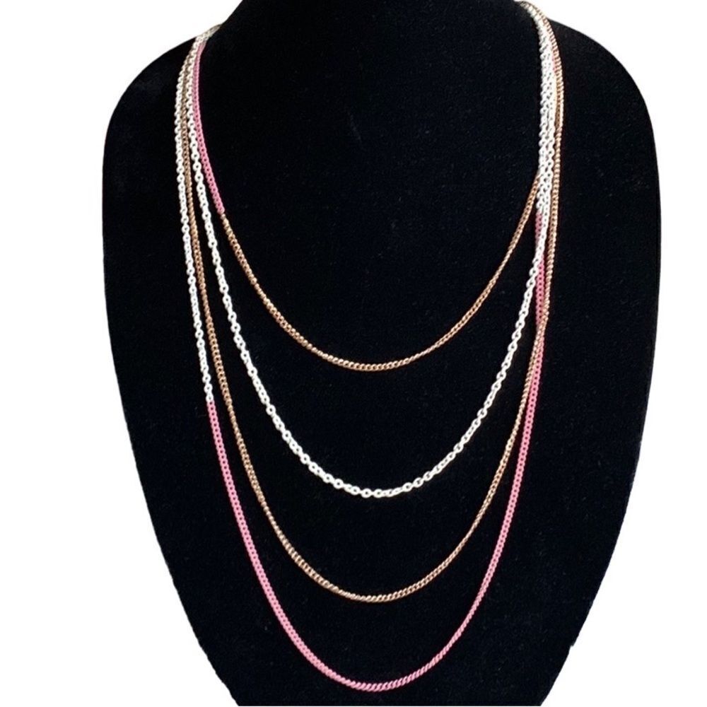 4 Row Layered Long Pink Gold White Chain Statement Necklace‎